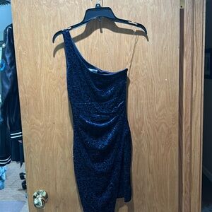 Midnight blue sparkly velvet, honey, and Rosie one shoulder size small